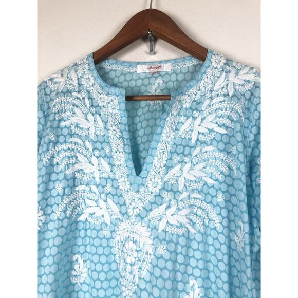 Amaya Textiles Size 40 (10) Blue White Floral Embroidered Kaftan Caftan Dress - Picture 2 of 11